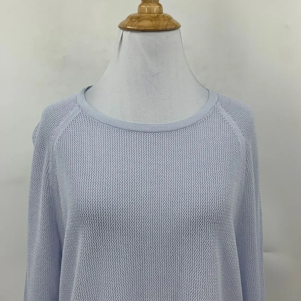 Eileen Fisher Crochet Sweater Womens M Medium Blue Tencel Lyocell Raglan Seams